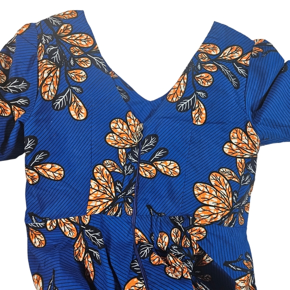 Blue African Ankara Print Dress Sz Large ? Bell Sleeve Hi Low Hem Wedding Party - Picture 10 of 16